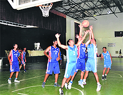 A match in progress during the 26th All India Golden Jubilee Basketball Tournament at Welham Boys School in Dehradun on Tuesday