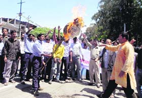 Workers of the UPP burn an effigy of the state government in Dehradun on Tuesday