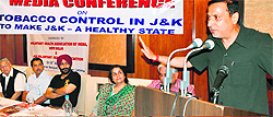 Minister for Health and Family Welfare Sham Lal Sharma addresses a gathering during the launch of an anti-tobacco drive in Jammu on Tuesday