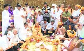 ISKCON Acharya Shrimad Gopal Krishna Goswami lays the foundation stone of Shri Radha Gopinath Temple at Janpath Estates in Ludhiana on Tuesday