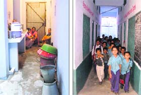 A view of the kitchen in a government school where mid-day meal is cooked for 300 children; and (right) an overcrowded corridor of a school in Ludhiana