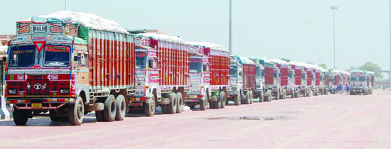 Trucks lined up on the ICP premises at Attari on Wednesday. The bilateral trade between India and Pakistan has increased manifold since the inauguration of the Integrated Check Post. 