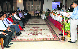 JS Pandey, former state DGP, addresses a delegation of young IPS officers from the National Police Academy, Hyderabad, in Dehradun on Wednesday