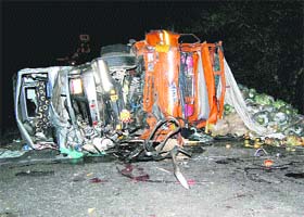 The mangled remains of vehicles pile up after a road mishap at Narwana in Jind on Wednesday