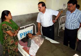 The new Civil Surgeon of Bathinda, Dr Ajay Sahni, meets a patient and her attendant, while taking a round of the Civil Hospital, Bathinda, on Thursday