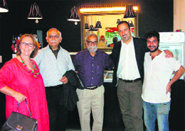 Dr BN Goswamy (second from left), Pushy Chowdhry (centre) and Paolo Crichhio (second from right) at the opening of the Squista Cafe in Sector 10 of Chandigarh.