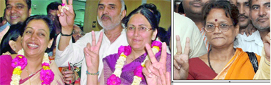 Left: Meera Aggarwal and Savita Gupta, BJP nominees for the posts of the Mayors of North and South Delhi, respectively, file their papers and (top) Annapurna Mishra, the party nominee from East Delhi, after filing her papers. 