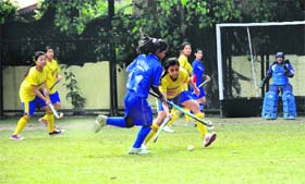 A match in action during the Second Welham Girls' School Invitational Hockey Tournament in Dehradun on Thursday