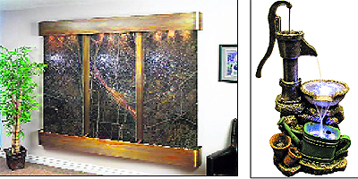 wall fountains add an exotic touch; and (right) Table top fountain is a good way to bring nature in