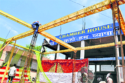 Arrangements being made ahead of the Jammu Chamber of Commerce and Industry elections in the Bahu Plaza area of Jammu on Friday