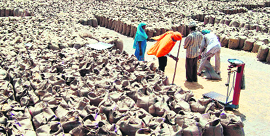 Wheat bags lie under the open sky at the grain market in Amritsar.
