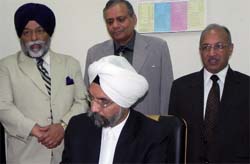 Karamjit Singh Kang while taking charge of the office of the district and sessions judge of Moga district on Saturday. Also present (from left) are Justice Ranjit Singh Randhawa, Justice AN Jindal and Justice KC Puri of the Punjab and Haryana High Court
