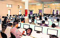 Students seeking admission to Bhabha Atomic Research Centre, Mumbai, appear in an online entrance examination at the Dev Bhoomi Institute of Technology in Dehradun on Saturday. As many as 1,800 students appeared in it