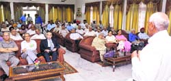 A speaker addresses the gathering at the annual general meeting of the Central Government Pensioners Welfare Association in Jammu. 