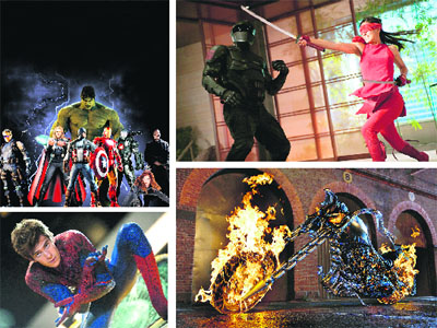Clockwise from top left: Stills from The Avengers, G. I. Joe: Retaliation and Ghost Rider: Spirit of Vengeance, and Amazing Spider-Man