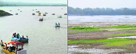 Visitors throng the Sukhna Lake when it is full to the brim; and (right) dry patches visible with the onset of summers.