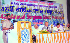 Uttarakhand Agriculture Minister Mantri Prasad Naithani speaks at the 42nd Annual Group Meetings of All-India Coordinated Sorghum Improvement Project of the Indian Council of Agricultural Research (ICAR) at Pantnagar University on Sunday.