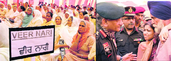 War widows at a rally in Baddowal on Sunday; General VK Singh listens to the grievances of Sukhdeep Kaur (26), who is partially paralysed.