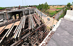 Construction work on at the second railway overbridge on the Chandigarh-Ludhiana highway