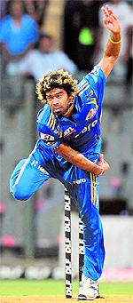Mumbai Indians Lasith Malinga bowls during match between against Deccan Chargers at the Wankhede Stadium in Mumbai on Sunday