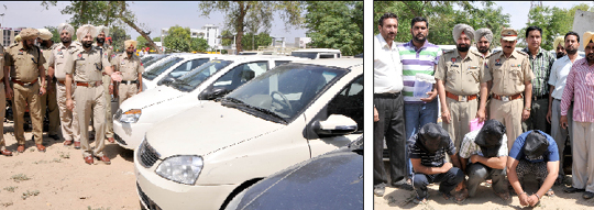 Bathinda SSP Sukhchain Singh Gill, along with other police officials, inspects the fleet of recovered vehicles; the three accused arrested for carjacking.