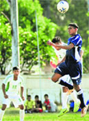 Players in action during a football match at the 3BRD Air Force Station in Chandigarh