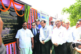 Union Minister of State for Health and Family Welfare S Gandhiselvan lays the foundation stone of a superspecialty hospital at the TDI City, Kundli, on Monday