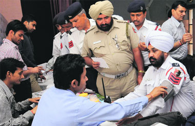 Traffic policemen being examined at a medical camp in Chandigarh on Tuesday. 