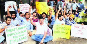 SOPU members protest outside the mathematics department in Chandigarh on Tuesday. 