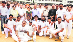 Players with dignitaries during the inauguration of Ashok Sodhi Memorial Cricket Tournament at Parade Ground in Jammu