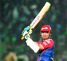 Delhi Daredevils Virendar Sehwag plays a shot during their match against Rajashtan Royals at the Sawai Man Singh stadium in Jaipur on Tuesday. Daredevils won the match by 6 wickets
