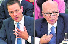 BSkyB Chairman James Murdoch (L) and his father, News Corp Chief Executive and Chairman Rupert Murdoch. 