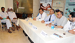 Niranjan Singh (second from left) and a panel of doctors from the Max Hospital, Bathinda, interact with mediapersons in Bathinda on Wednesday. During the interaction, Niranjan Singh, a cured patient of esophageal cancer, and the doctors spoke about how he was cured of the disease