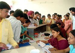 A job fair in progress at Guru Ram Dass Institute of Engineering and Technology, Lehra Bega, on Tuesday