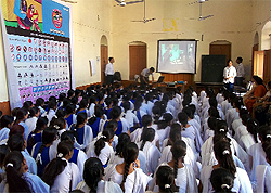 A traffic awareness seminar in progress at a school in Bathinda on Wednesday