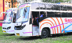 The buses impounded by the State Transport Authority of the UT at the police station in Sector 39, Chandigarh, on Wednesday.