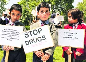 Children take part in in a rally to create awareness on drug abuse, in Srinagar on Wednesday