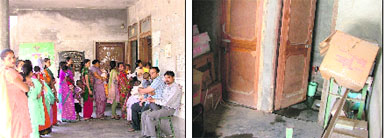 People flock the civil dispensary along with their newborns for immunisation; and (right) vaccines in cardboard boxes being kept near a toilet in the absence of a storeroom at the dispensary in Haibowal