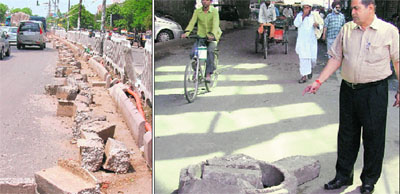 A broken divider on the Ferozepur road poses a threat to commuters; and (right) a manhole on the GT Road that has not been levelled can lead to a fatal accident in Ludhiana. 