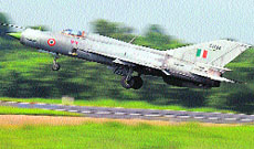 An Indian Air Force MIG-21 takes off. 