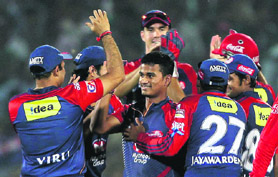 Pawan Negi celebrates taking a wicket against the Rajasthan Royals in Jaipur. 