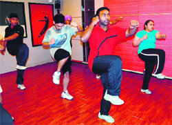 Participants at a training programme in kick boxing in Amritsar. P