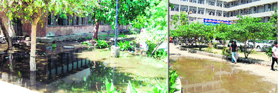 Stagnant rainwater at the entrance of Guru Nanak Dev Hospital in Amritsar. 