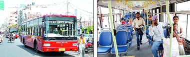 The city bus service is being run only from 8 am to 5 pm due to the shortage of staff; The number of passengers in the bus (right) has also declined as the interval of the bus service is now of an hour instead of 35 minutes, that was originally planned. As a result, commuters say they are again at the mercy of the auto-rickshaw drivers who fleece and harass them. 