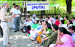 Members of PUTA protest outside the Vice-Chancellors office at Panjab University on Thursday