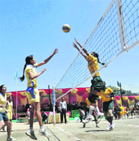 Players in action during the 15th All-India Dr Yashwant Singh Parmar Memorial Volleyball Championship at the ice skating rink in Shimla