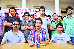 The office-bearers of the Kargil Students Council address mediapersons during their protest in Jammu on Thursday.