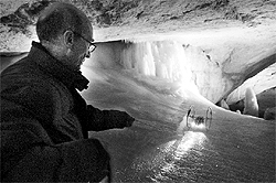 A scientist of Association Planete Mars tests the CRV Cliffbot during a field test led by Oesterreichisches Weltraum Forum (Austrian space forum) inside the Eisriesenhoehle (giant ice cave) at Dachstein mountain near Obertraun village. Scientists tested a space suit technology, three-dimensional cameras, radar, rover vehicles, communications and sterile testing systems during an 11-nation field test in the icy Alpine caves