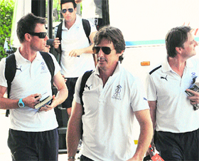 Rajasthan Royal team players arrive at Sector 35 in Chandgiarh on Friday.
