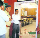 Blood stains in the District and Sessions Judge courtroom in Sirsa after a person under trial was shot dead on Friday.